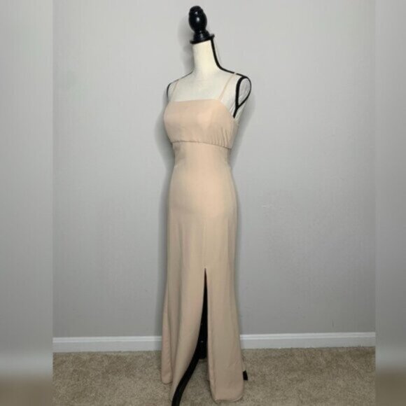 Amsale Nude Beige Spaghetti Strap Maxi Evening Gown - Picture 3 of 14